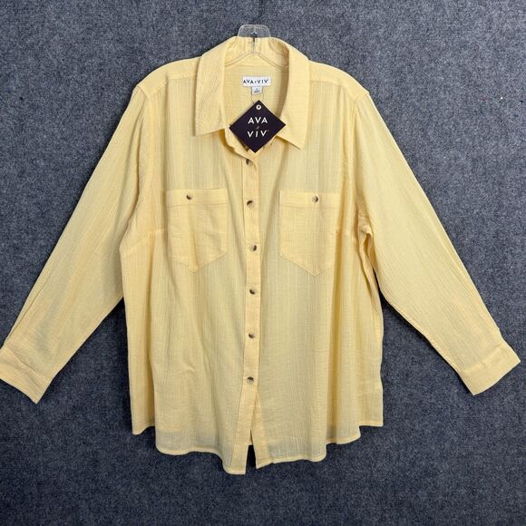 AVA & VIV  Button Up Long Sleeve Shirt Women Sz X Butter Yellow Crepe Cotton - Picture 1 of 13